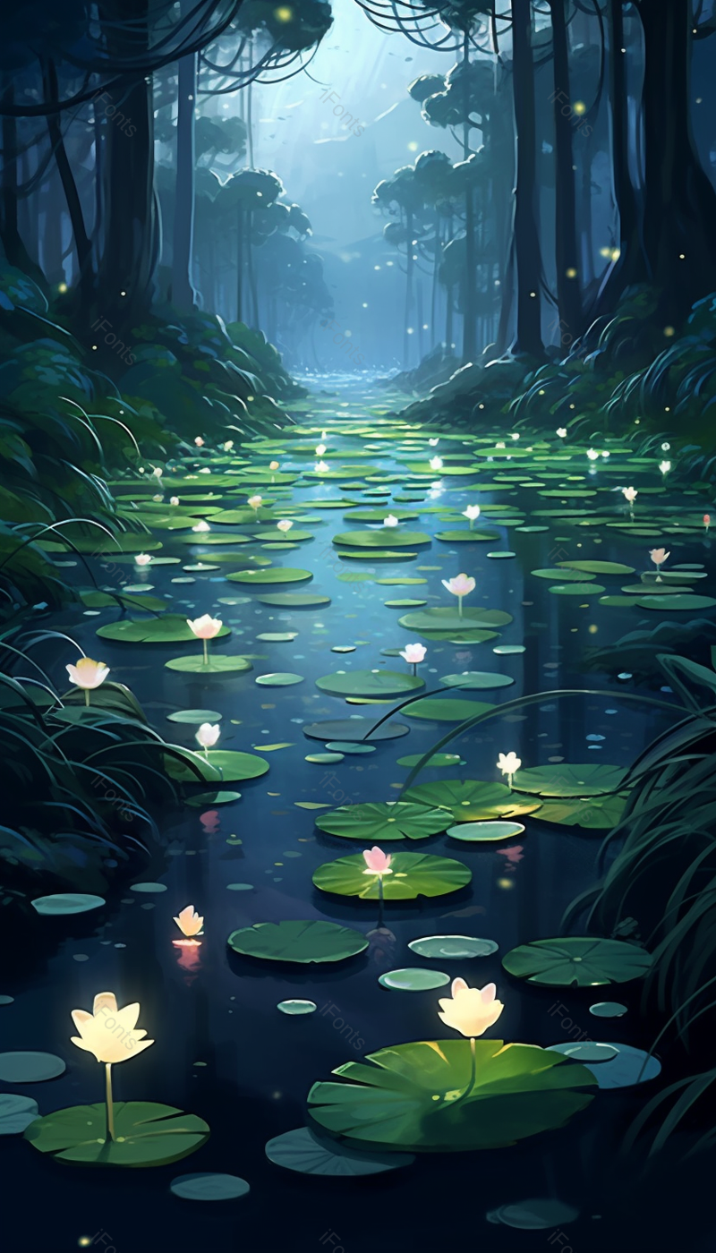暗绿色深山老林里开满荷花插画背景,插画/手绘图,插画/手绘图库,插画/手绘图下载,插画/手绘